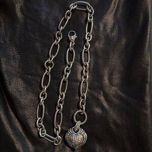 Judith Ripka heavy sterling silver chain and 2-sided heart pendant. Chain is 18”